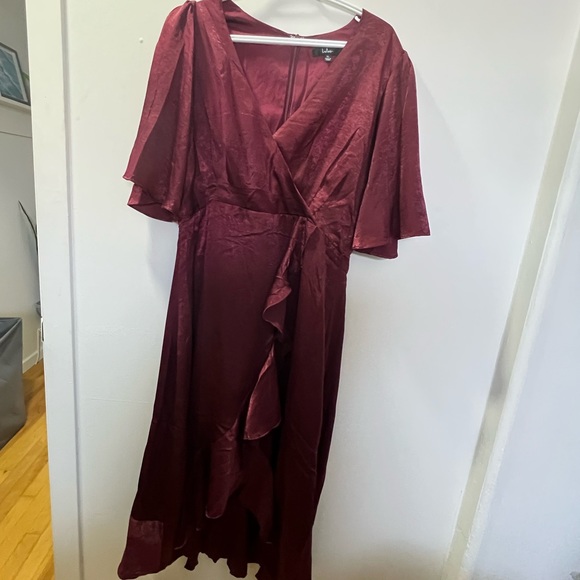 Lulus 
Wrapped Up In Love Burgundy Satin Faux-Wrap Midi Dress - Picture 2 of 3
